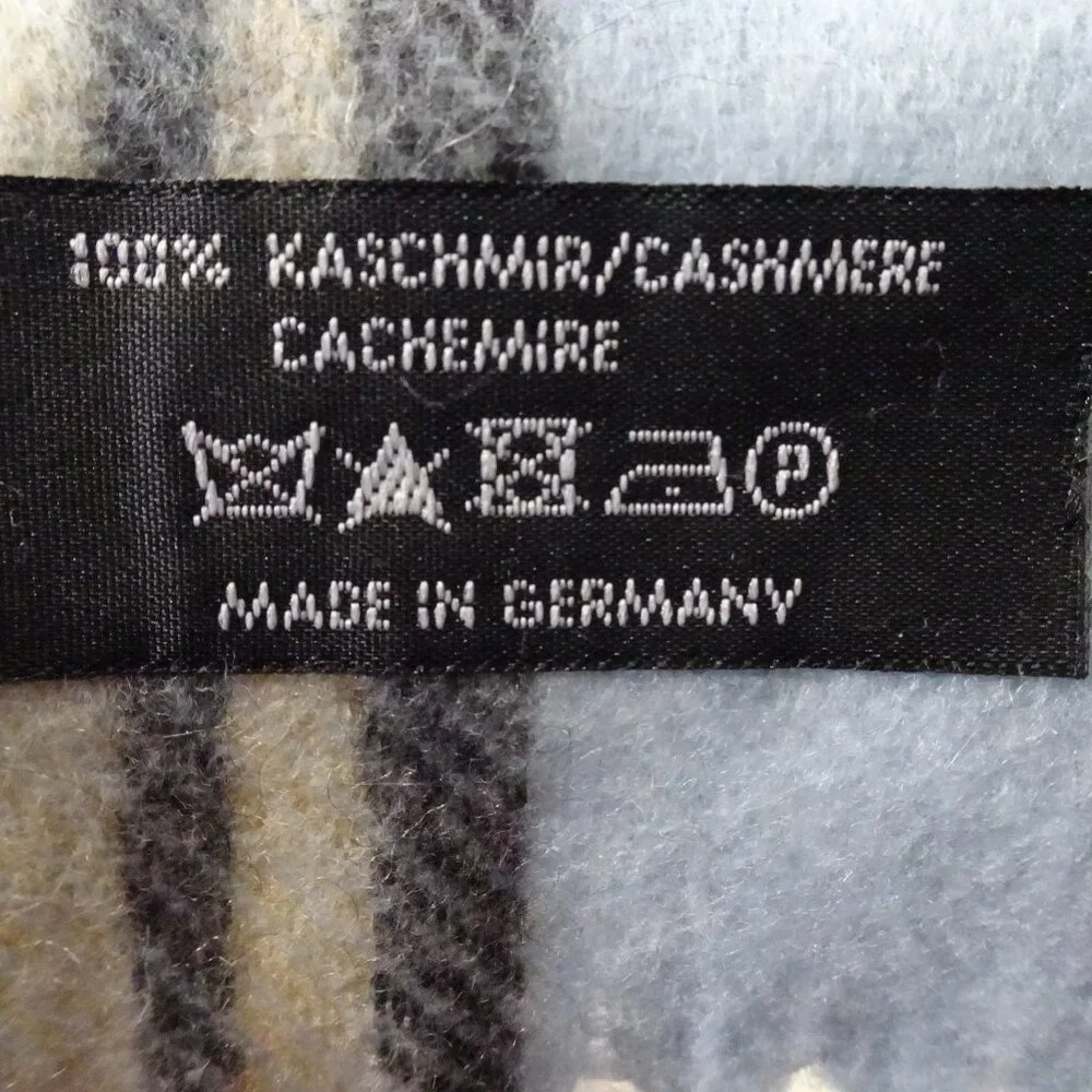 Vintage Plaid 100% Cashmere Scarf Fringe Made in Germany Blue Tan Brown